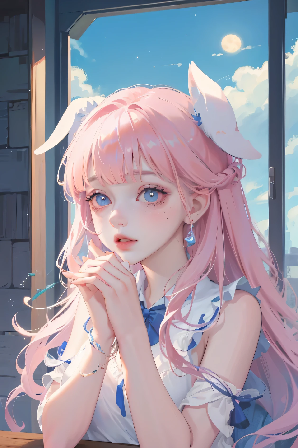 (high quality) (best quality) (a woman) (correct physiognomy) (5 fingers on each hand) (two arms) (two eyes) White woman, pink hair with bangs on the forehead, blue eyes, tender lips, middle age , bunny ears coming out of a navy blue head with small moon-shaped freckles, colorful clothing, location of the photo in a room.