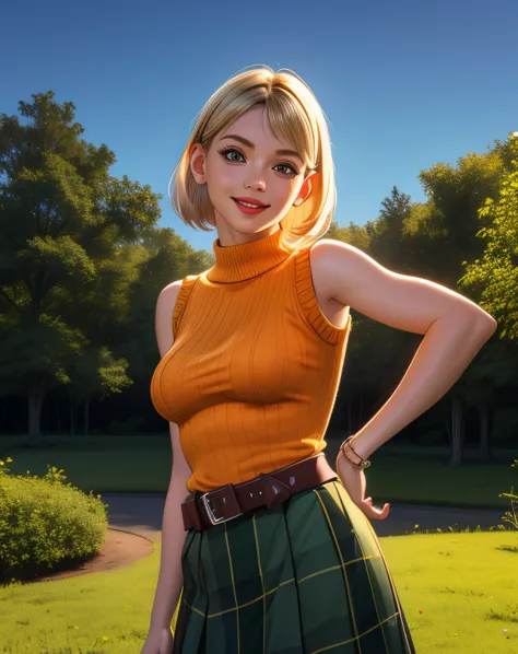 ashleyc,brown eyes,blonde hair,lips,short hair,
orange sweater,sleeveless,skirt,belt,smile,
standing,mansion,night,outdoors,fore...