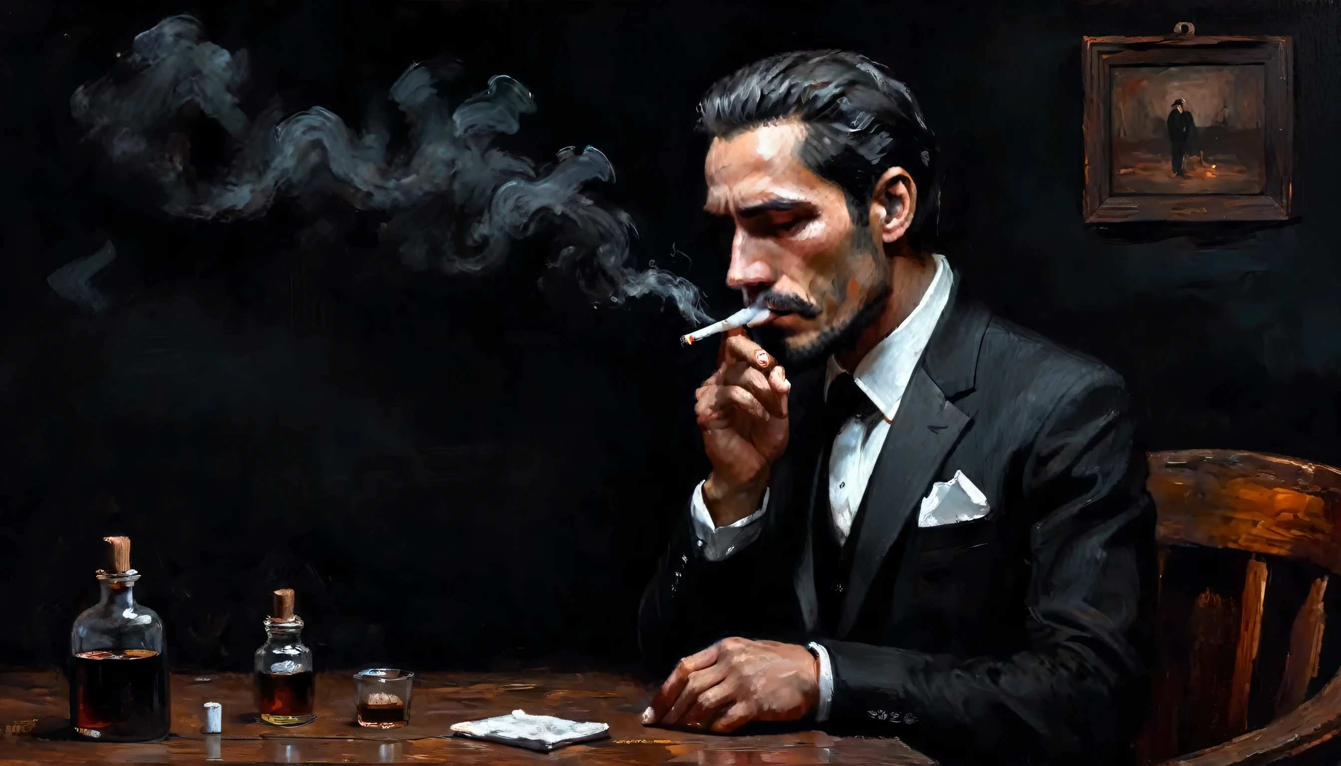 a man, 1man, smoking a cigarette, wears a black suit, positioned in front of a wooden table, black background, melancholic expression, diffuse lighting, suspenseful atmosphere, dark colors, oil painting style, masterpiece