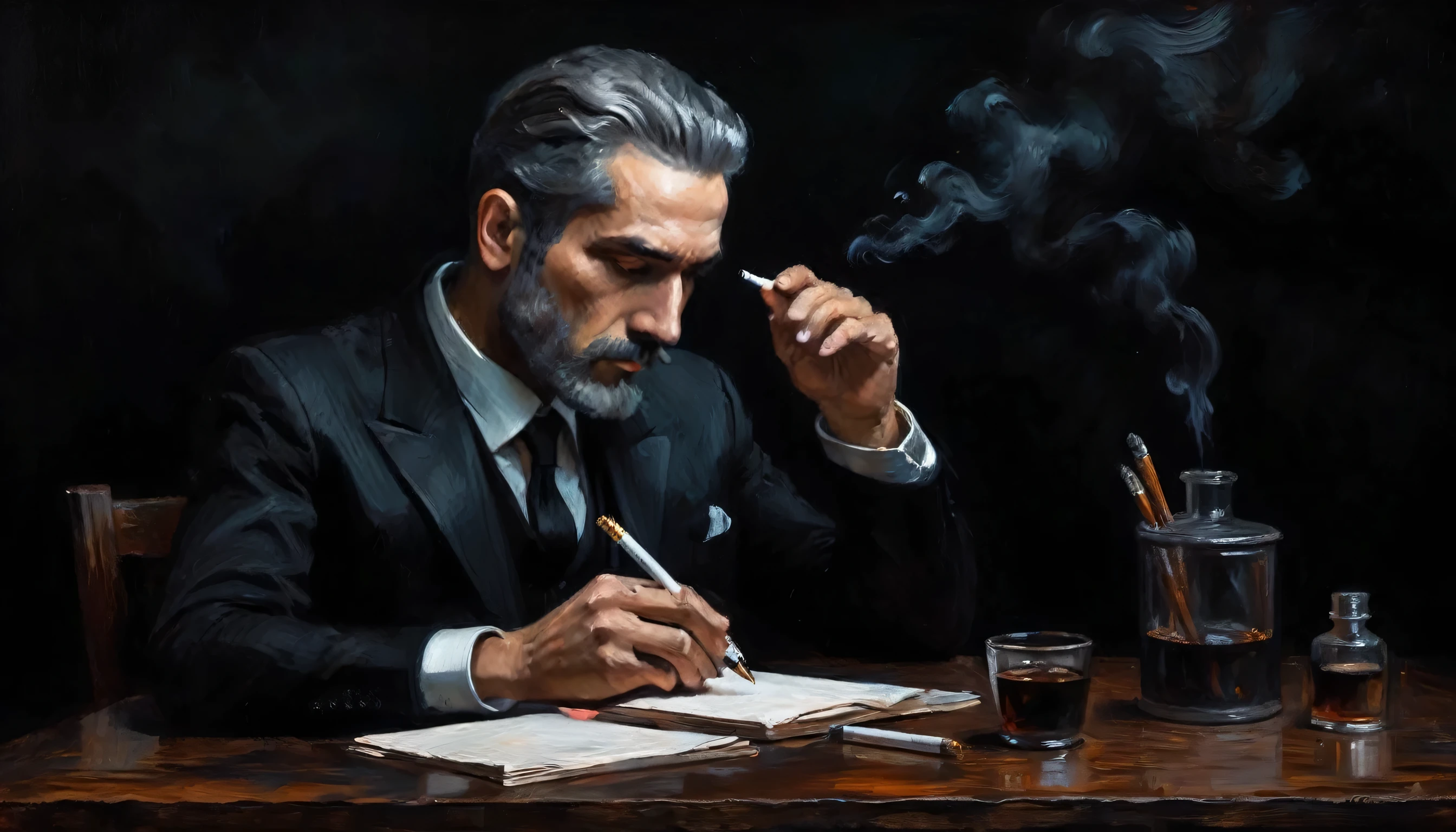 a man, 1 man, smoking a cigarette, 1 cigarette, two hands, writing, holding a pen, perfect fingers, wearing a black suit, positioned in front of a wooden table, black background, melancholic expression, diffuse lighting, suspenseful atmosphere, dark colors, oil painting style, masterpiece
