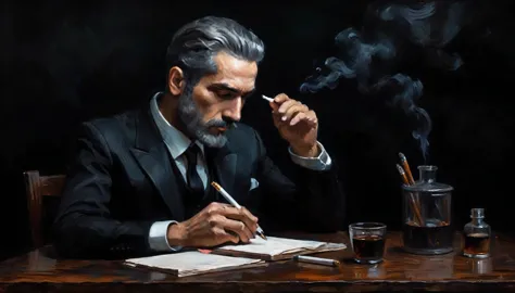 a man, 1 man, smoking a cigarette, 1 cigarette, two hands, writing, holding a pen, perfect fingers, wearing a black suit, positi...