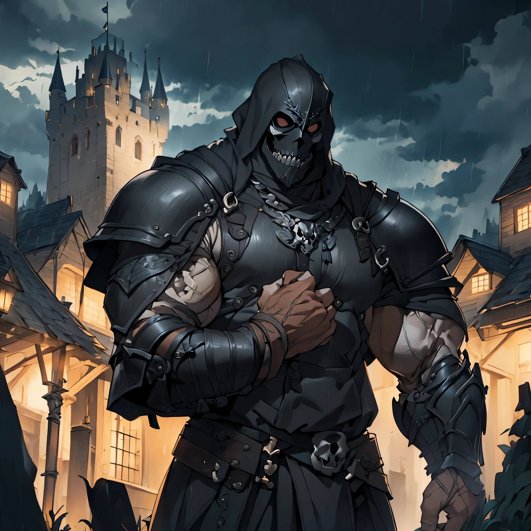 ​masterpiece, Best Quality, person upper body, detailed, 4k, Cinematics, Background with: Inside the illuminated medieval village in front of the medieval castle on a rainy night, dark clouds, thunderstorm, muscular, Very tall black knight wearing black steel armor and skull mask.