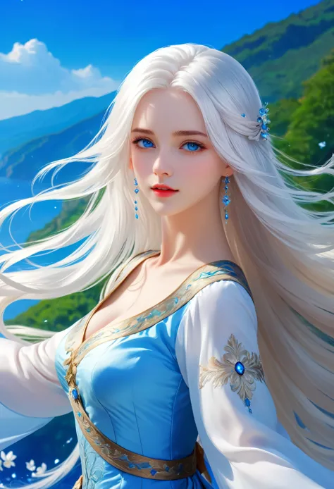 best quality, masterpiece,white hair, blue eyes, Upper Body,Gorgeous background,1 Girl, Flowing hair