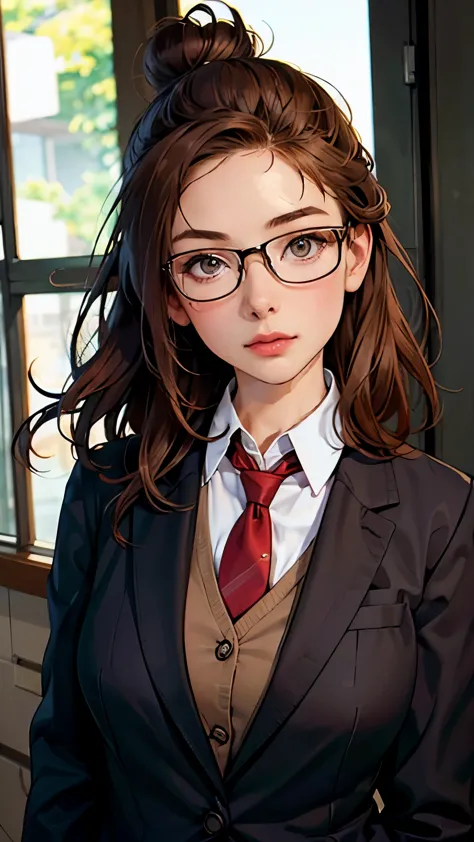 korean girls, young teacher, light brown hair, eyeglasses, ((a slightly sexy blazer and tie outfit.)), ((bun hair))