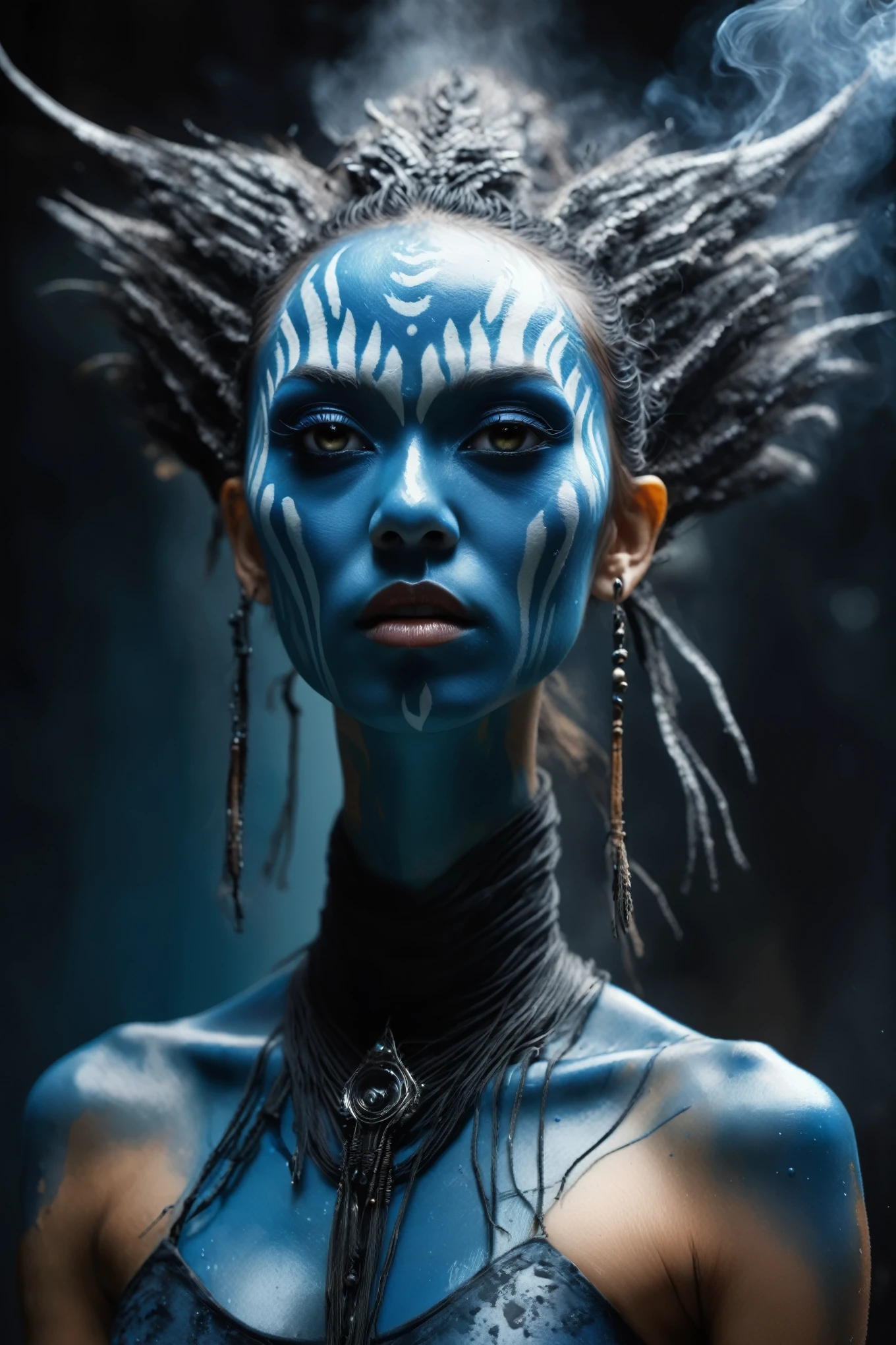 full body length,niobium goblin,ahsoka tano,native africa xenomorph,pretty face,eyebrow up,full body shot,ominous landscape,niobium gray atmosphere,by art Simon Stalenhag,Nicola Samori,(((Wangechi Mutu))),prime colors,urban,extremely detailed,masterpiece,intricate details,faded,eyes extremely detailed, high detailed eyes,4k resolution,RAW, Nikon Z9,scary village,stalker,Bagan of Myanmar,Stone Forest in Yunnan Province of China,Zhangjiajie National Forest Park of China,pretty face,intricate details,realistic humid skin,extremely intricate details,anatomically correct,
eyes extremely detailed, high detailed eyes,High contrast,Ultra HD,Retina,HDR,photo,photorealism,Masterpiece,
natural skin textures, hyper realism,hyper detailed,High contrast,Realism,Ultra Detailed,irina yermolova,
close full body shot,32K resolution,Nikon Z9, ,demonic, dust, smoke, audience, mist, featuring ultra-realistic and hyper-realistic elements,
 inspired by Marta Bevacqua, Ellen Jewett, Kawacy, Katsuya Terada, and Carne Griffiths.
 Rendered with a color palette consisting of blue, Obsidian and white.
 Utilizes futuristic lighting effects such as light halation, light stroke, light beam, explosive lightning,
 sparks, concert lighting, light-bulb, bokeh, and/or other effects to create a luminal space that feels
 both bright and surreal. Includes liquid fluid elements for added depth and movement. Rendered in an unreal 
engine and post-processed to achieve . Evokes a sense of dreamy, ethereal 
and mystical mood