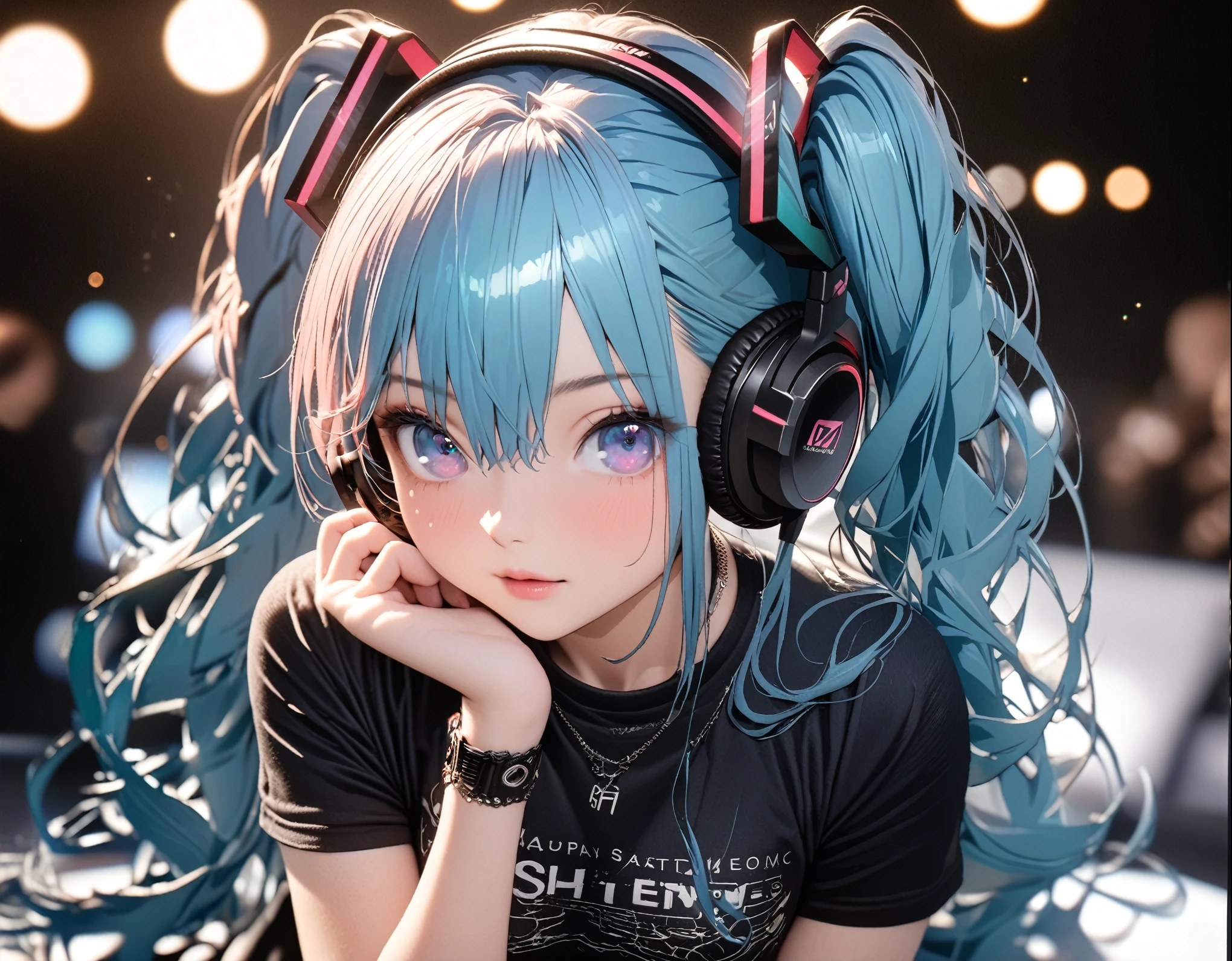 Une belle fille aux longs cheveux cyan, Queue de cheval double, jolis yeux cyan, maquillage des yeux, Petites boucles d&#39;oreilles, porter une chemise courte, jupe taille basse, et un casque noir, (Hatsune Miku), posant dans la ville de nuit, professionnel photography studio team, professionnel mode model, (très faible profondeur de champ:1.4), Photo de couverture du magazine, (Meilleure qualité, 8k, haute résolution, chef-d&#39;œuvre:1.2), ultra-détaillé, (semi-réaliste, photo-anime), UHD, éclairage de studio, Peinture ultra fine, netteté, Rendu basé sur la physique, rendu d&#39;octane, description extrêmement détaillée, professionnel, Couleurs vives, cœur, bokeh, mode,