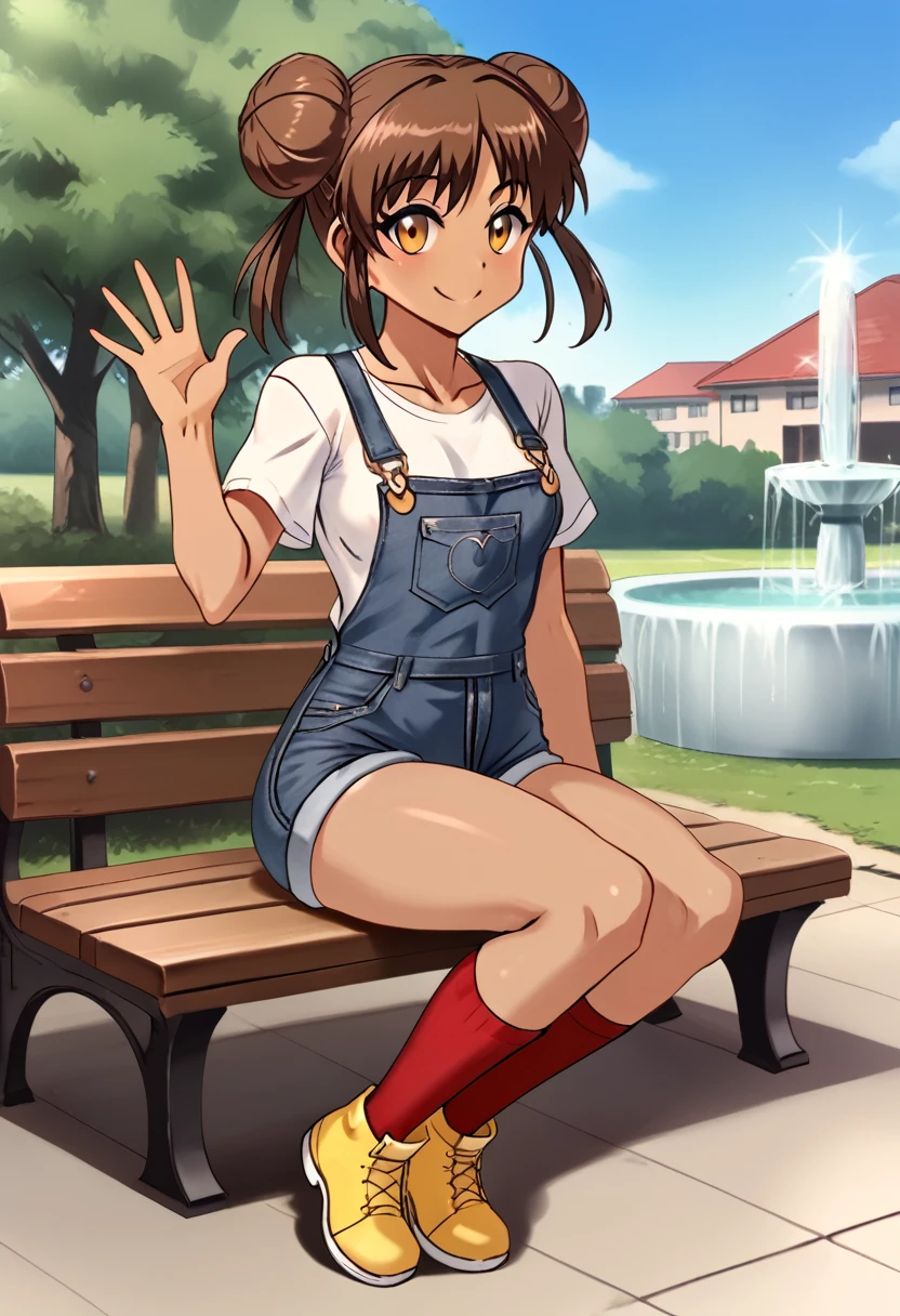 Sassy, ​​childish, skinny, brunette, tanned girl, brown hair and eyes, buns, flat, small pert butt, floral stamp t-shirt, tight denim overalls, red socks, yellow boots, grind smile, waving, sitting on a park bench near a fountain in a square, Nyamota style, CG anime, cinematic, dramatic, dynamic view, full body, ecchi comedy, HD8K