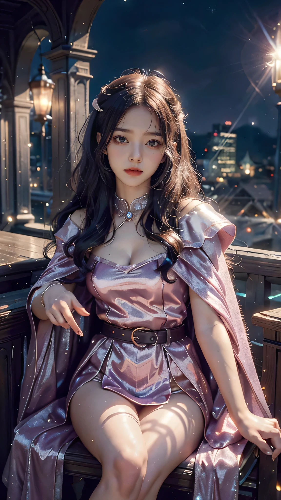 4k, UHD, masterpiece, 1 girl, good face, ((detailed eyes)), very long hair, impressive hairstyle, perfect brasts, fantasy cosplay, pink cosplay, strap cosplay, cape, night city, building, lamps, depth of field, reflection light, ((sparkle)), chromatic aberration, sitting on the chair,