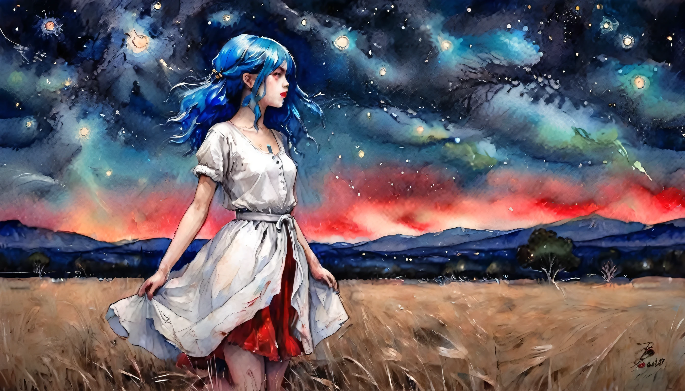 a girl, blue hair, wearing a light white outfit and a red skirt, positioned in an open field, night, detailed starry sky, wonderful art, vibrant colors, watercolor