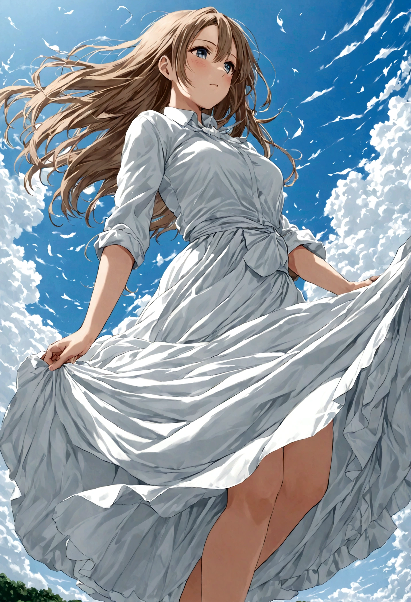 Yuuki Asuna low angle、Long skirt、Hold down your skirt that is being blown up by the strong wind、The strong wind is showing her white cotton panties