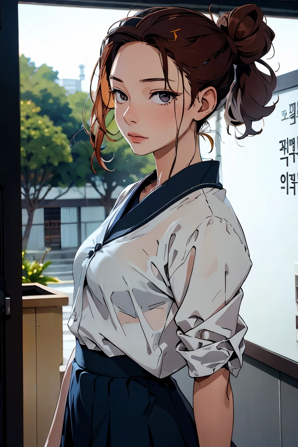 Korean girl, Korean college uniform , hair bun
