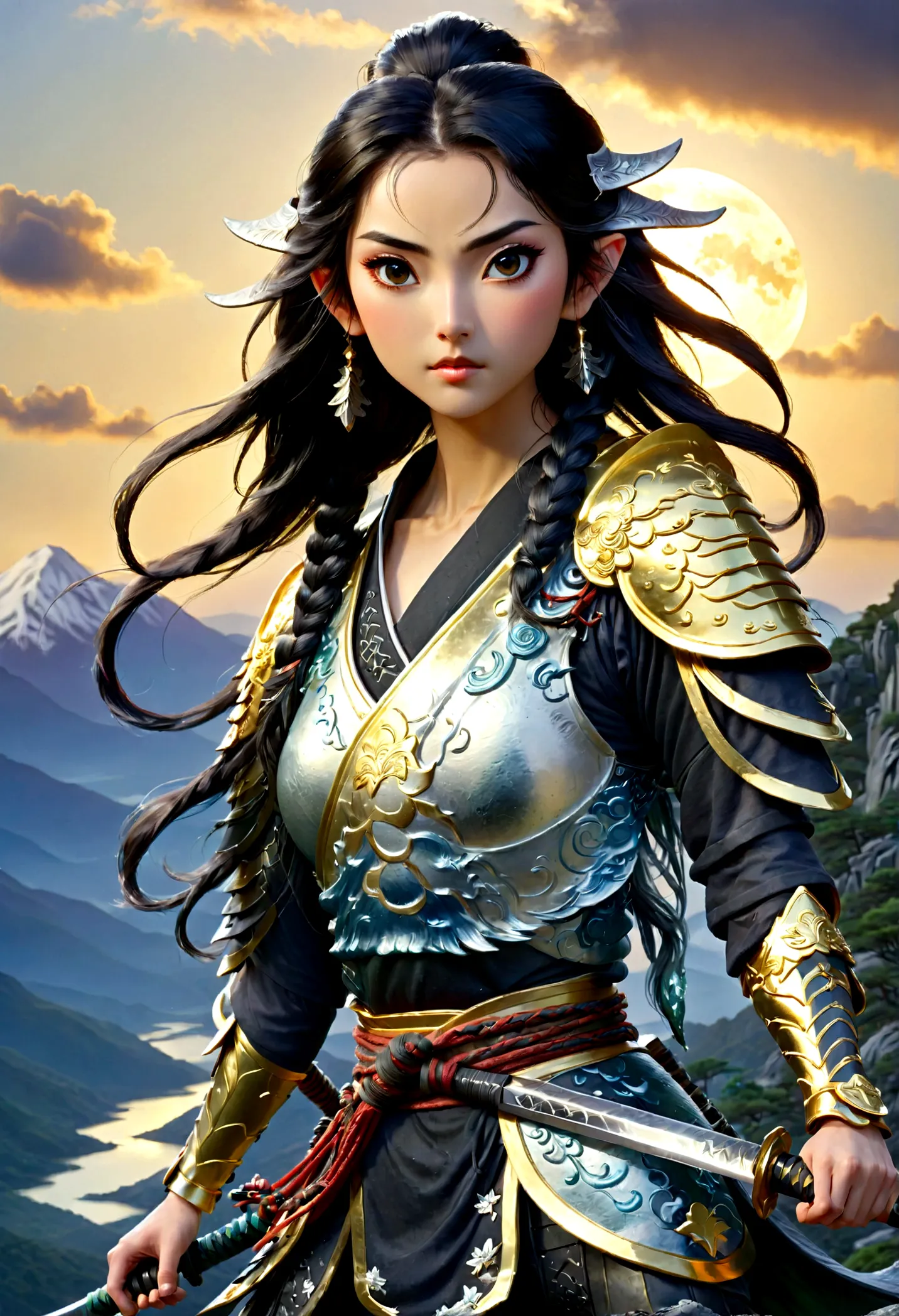 ((water color art: 1.5)), fantasy art, RPG art, dark fantasy art, a female elf samurai, ready to battle, she wears traditional s...