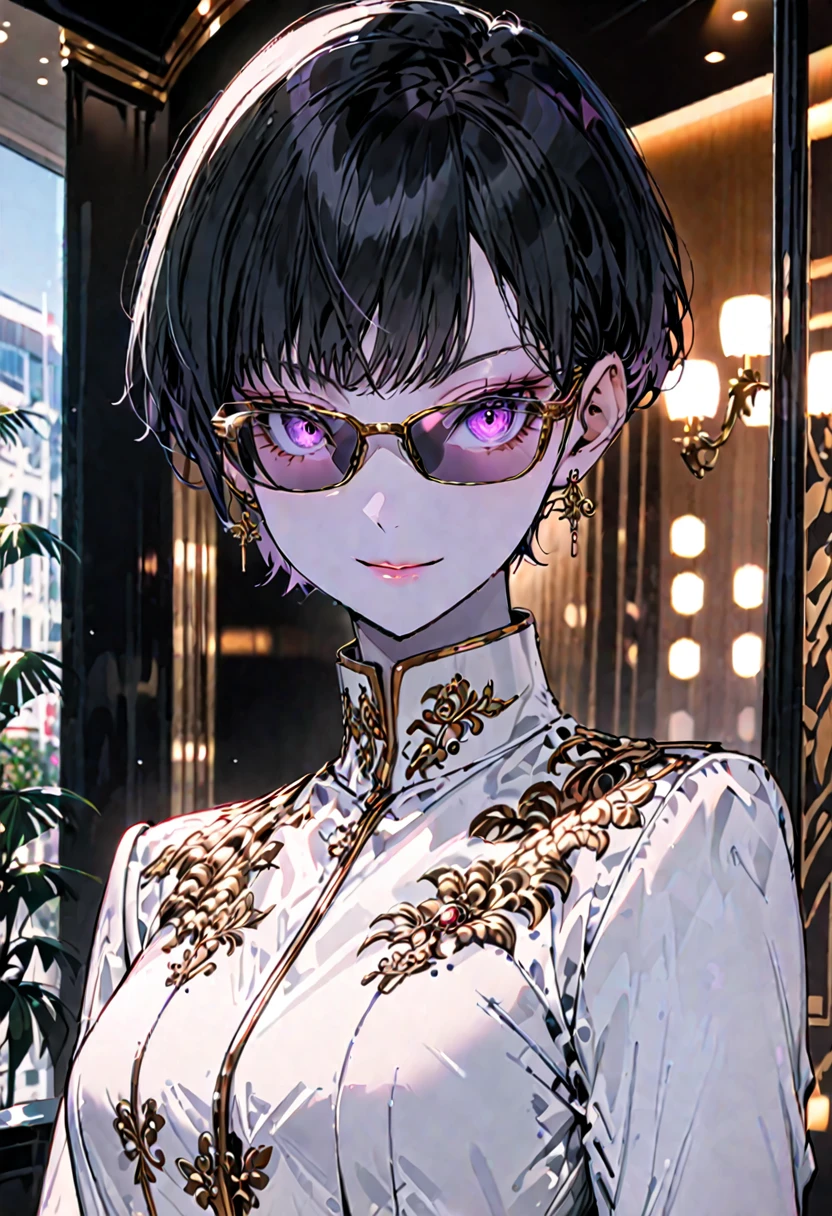 solo, female, tall, elegant, sunglasses, bodyguard, broad shoulders, short pixie cut, black hair, pink eyes, pale, white skin, athletic, very tall, feminine suit, small smile, close up, luxurious hotel, classy