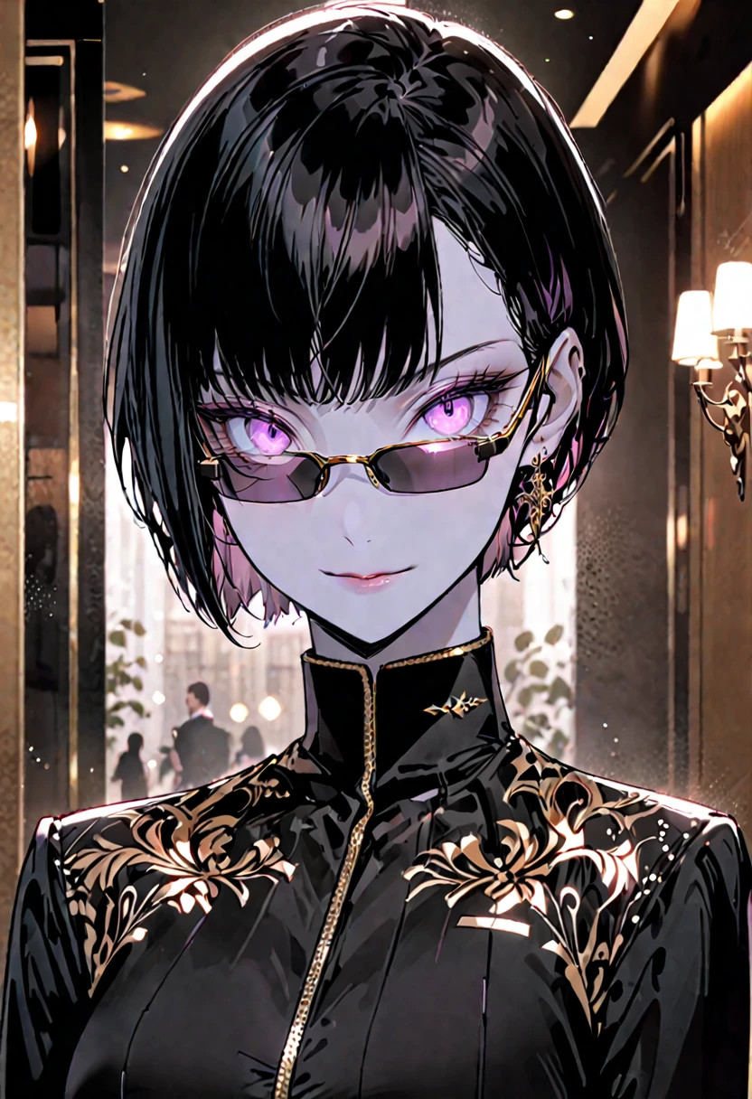 solo, female, tall, elegant, sunglasses, bodyguard, broad shoulders, long pixie cut, black hair, pink eyes, very pale skin, athletic, very tall, sober feminine suit, black clothes, small smile, close up, luxurious hotel, classy, professional