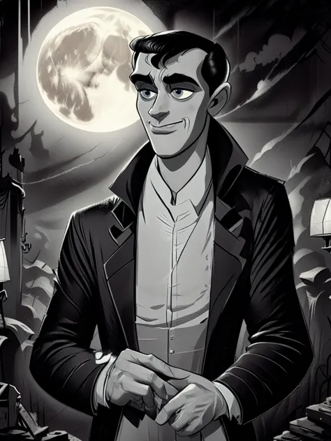 black and white retro cartoon of waist and torso, count dracula, the vampire, looking sharply at the viewer，exudes the authority...