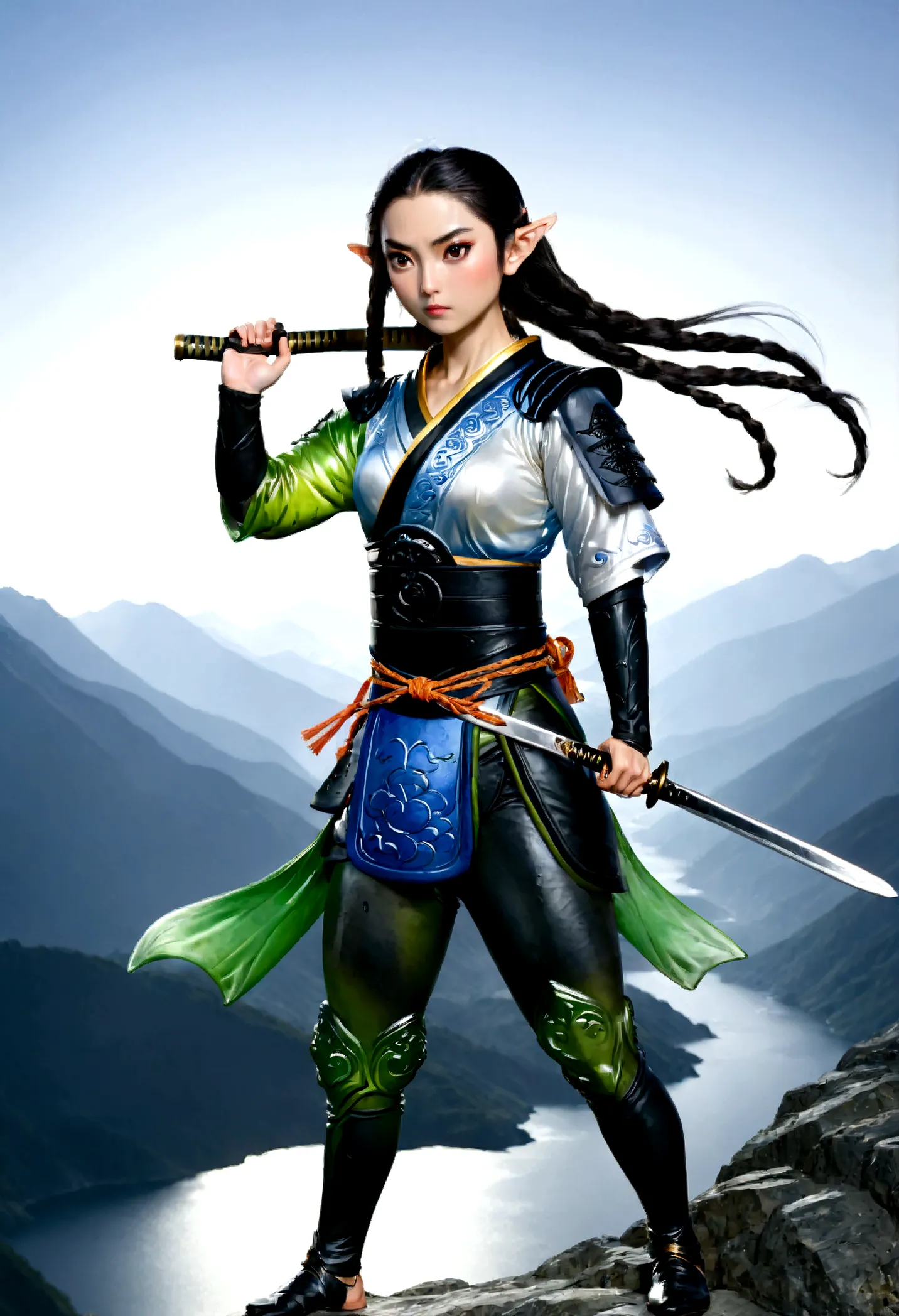 ((water color art: 1.5)), fantasy art, rpg art, dark fantasy art, a female elf samurai, ready to battle, she wears traditional s...