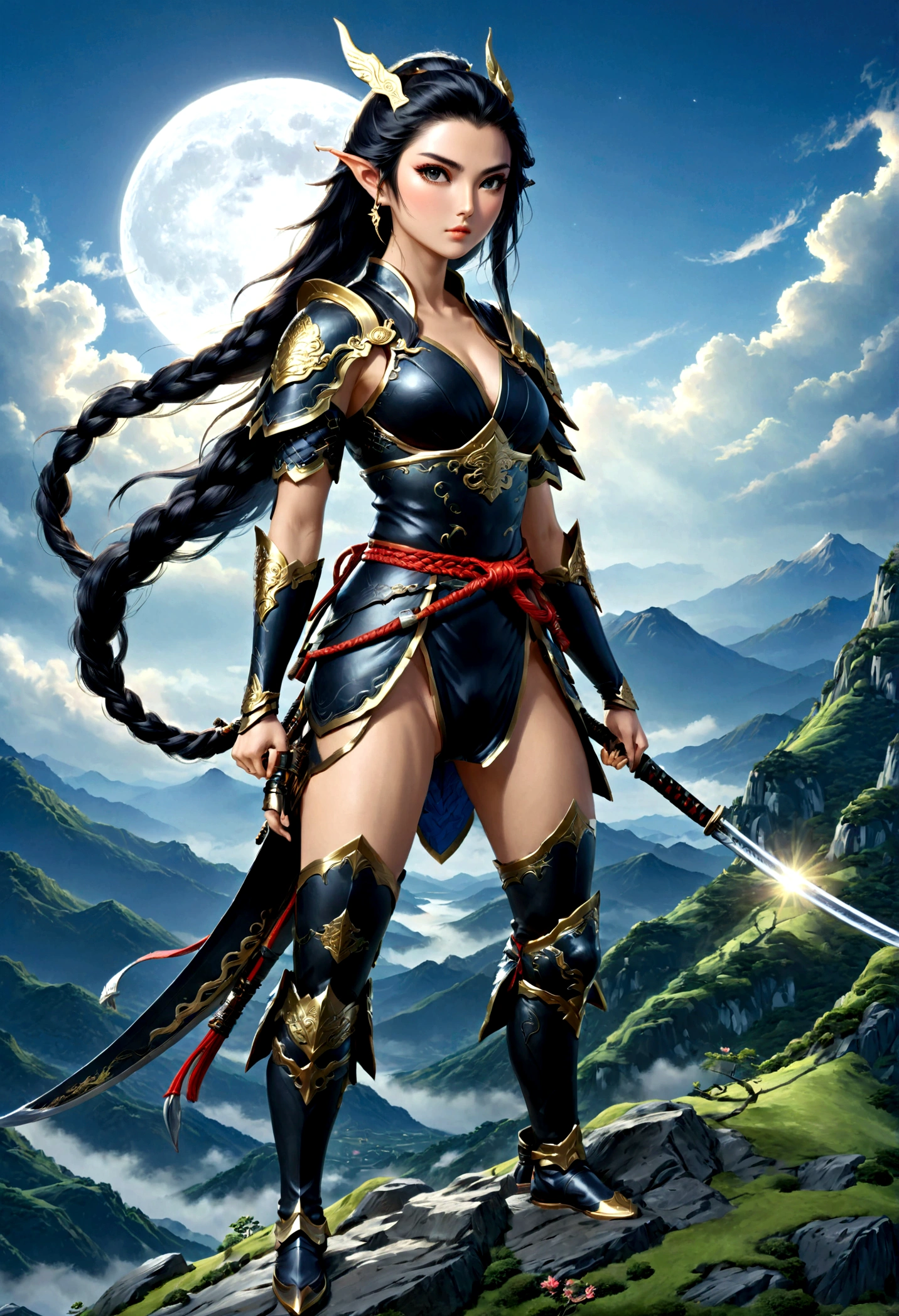 fantasy art, RPG art, dark fantasy art, a female elf samurai, ready to battle, she wears traditional samurai armor, armed with a katana, she stands on top of the mountain at dawn, exquisite beautiful female elf, long hair, black hair, straight hair, braided hair, black eyes, intense eyes, small pointed ears, fantasy mountain top at dawn background, moon, stars, clouds, god rays, soft natural light silhouette, dynamic angle, photorealism, panoramic view, ultra best realistic, best details, 16k, [ultra detailed], masterpiece, best quality, (extremely detailed), photorealism, depth of field,