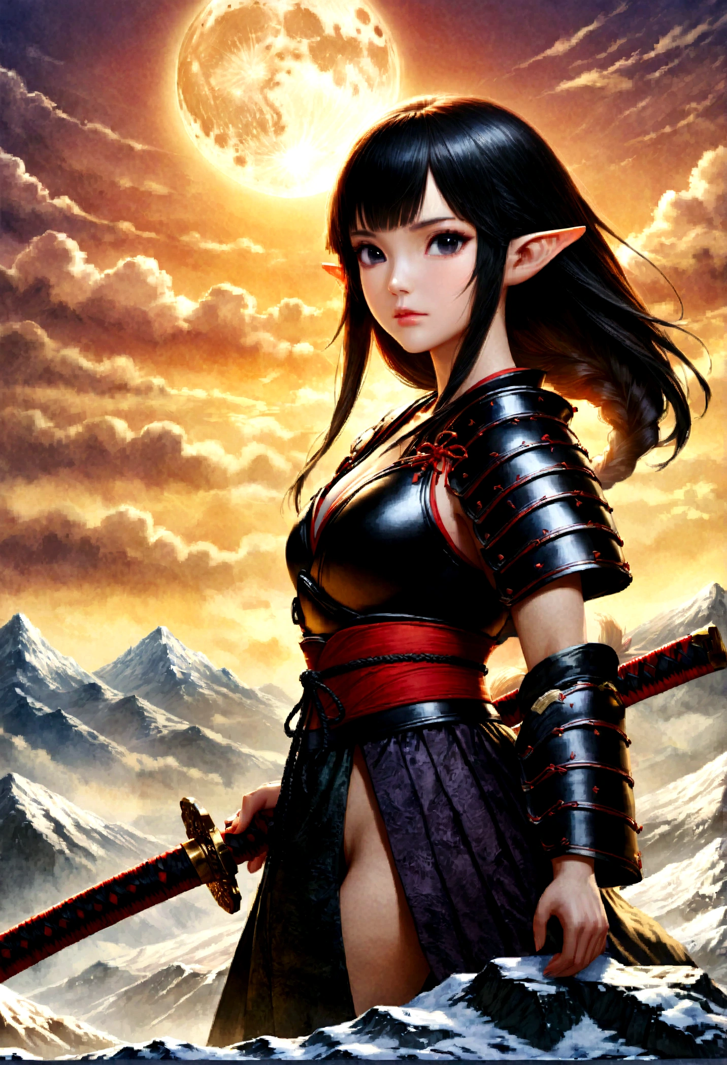 art fantastique, Art du RPG, dark art fantastique, une femme samouraï elfe, prêt à se battre, elle porte une armure de samouraï traditionnelle, armé d&#39;un katana, elle se tient au sommet de la montagne à l&#39;aube, exquise belle elfe femelle, cheveux longs, cheveux noirs, Cheveux raides, cheveux tressés, Yeux noirs, yeux intenses, petites oreilles pointues, sommet de montagne fantastique à l&#39;aube fond, lune, étoiles, des nuages, Dieu rayons, silhouette de lumière naturelle douce, Angle dynamique, photoréalisme, Vue panoramique, ultra meilleur réaliste, meilleurs détails, 16k, [ultra détaillé], chef-d&#39;œuvre, Meilleure qualité, (extrêmement détaillé), photoréalisme, profondeur de champ, aquarelle traditionnelle
