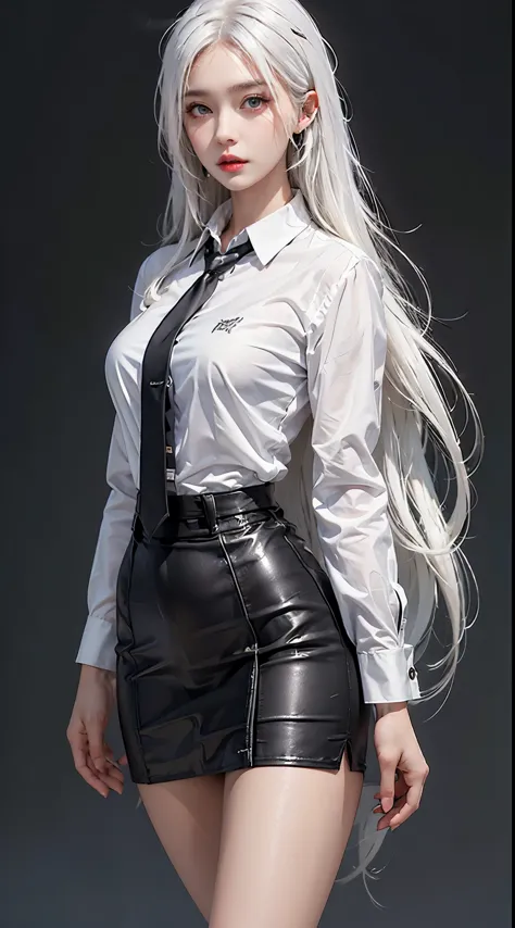 photorealistic, high resolution, 1 woman, hips up, beautiful eyes, white hair, long hair, ringed eyes, collared shirt, black nec...