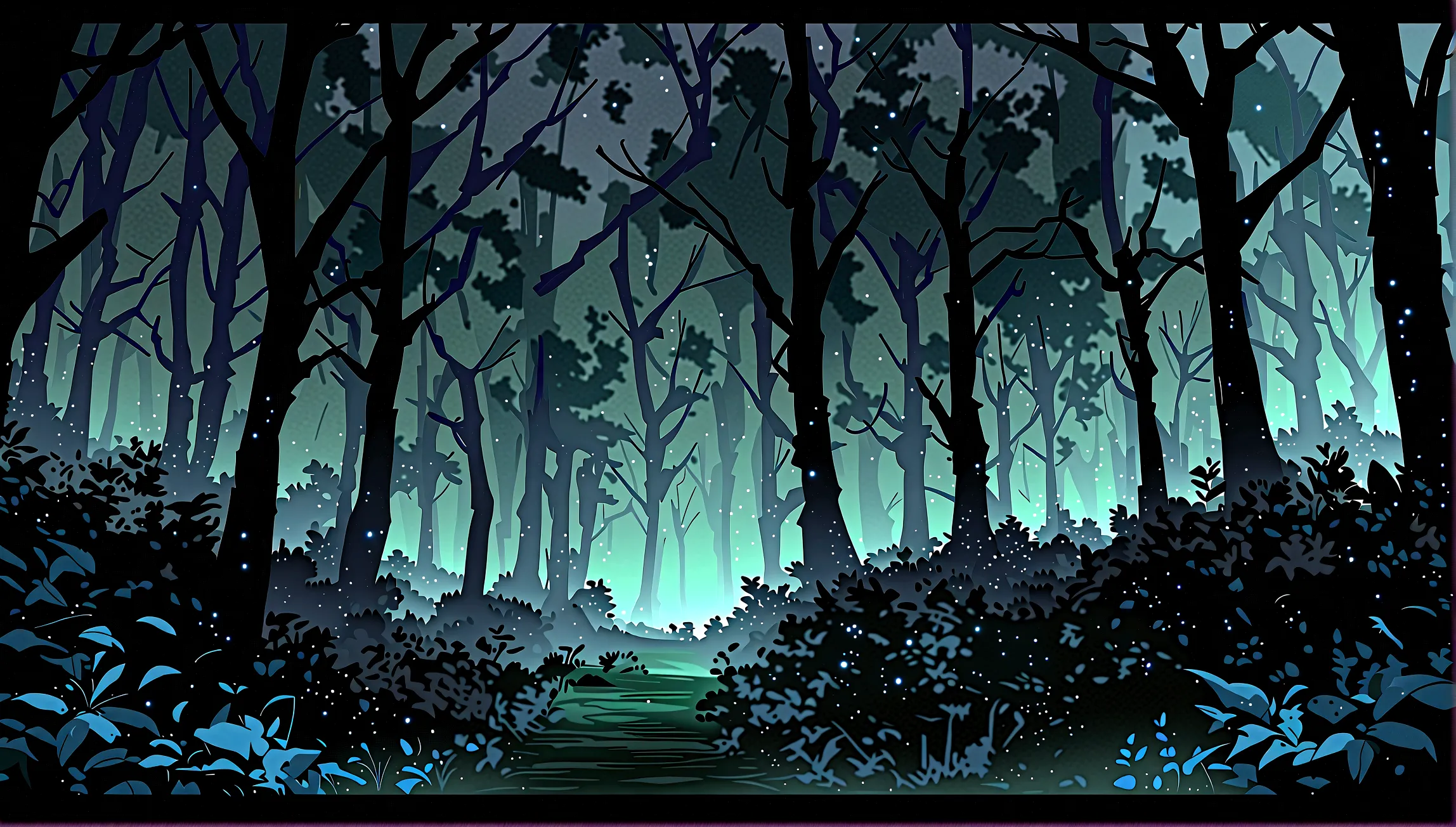 a detailed forest at night, glowing fireflies, moonlight, mist, ancient trees, gnarled roots, dense foliage, mystical atmosphere...