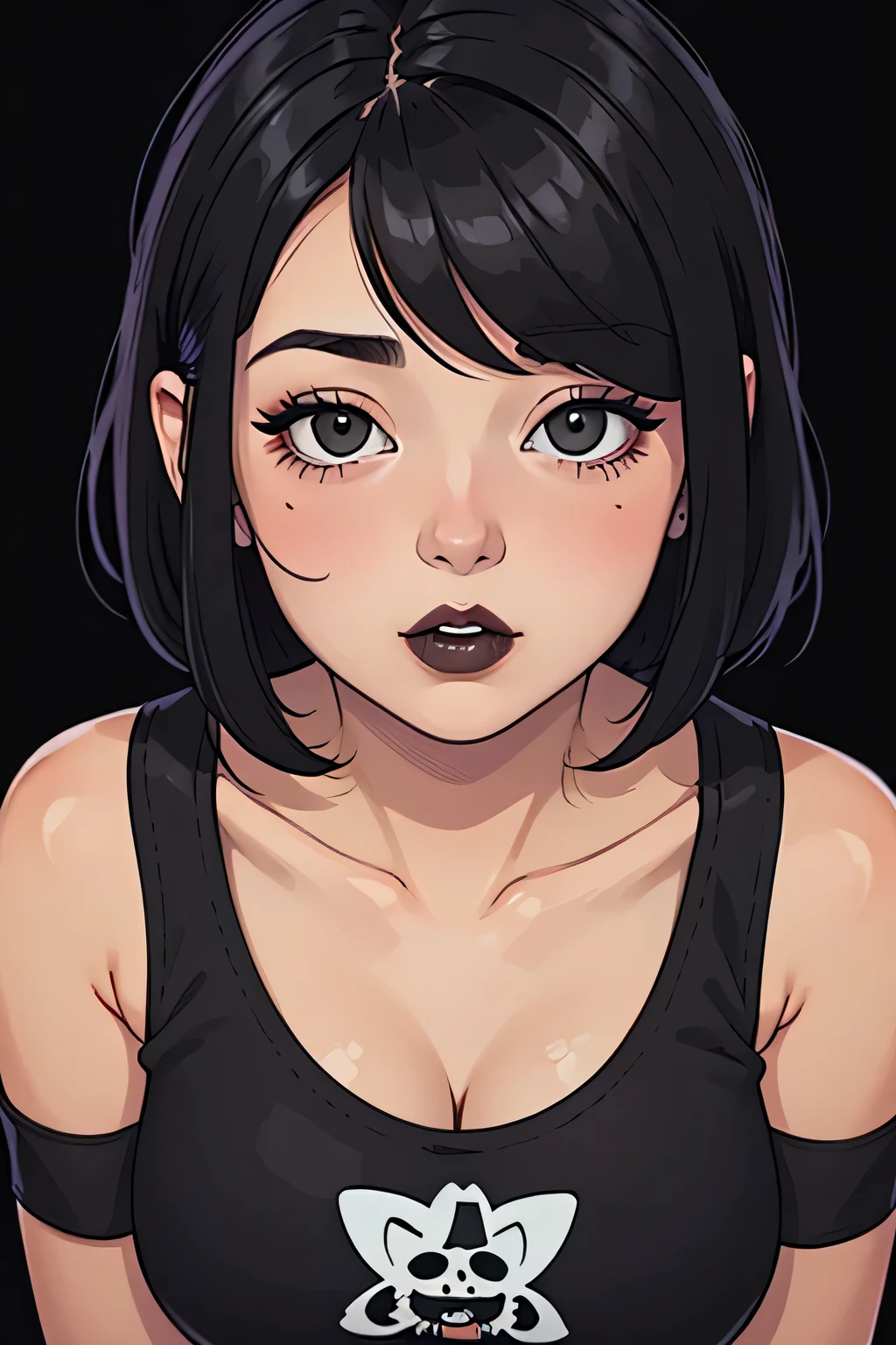 Amazing portrait of a cute goth woman with her short black hair in a bob hairstyle and she's wearing heavy eyeliner around her eyes and she's gazing at you seductively she wears an off shoulder t shirt that is orange and black with black bra straps 