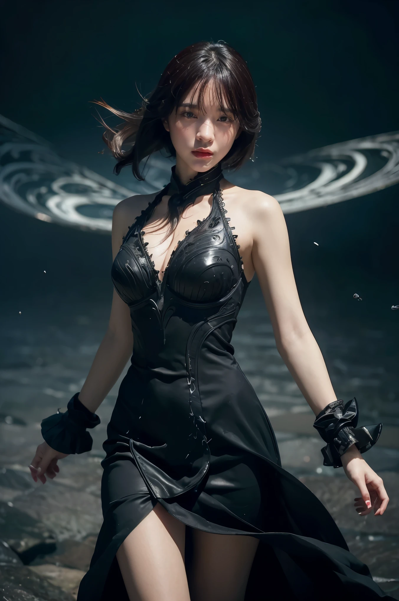 ((masterpiece, best quality)), ultra detailed 8k, photorealistic, sharp focus, highly detailed, professional lighting , shadowmancer, photo of a woman, ink particle, ((swirling black ink floating around)), futuristic fantasy, black dress, dynamic pose, realistic, masterpiece, intricate details, detailed background, depth of field, 