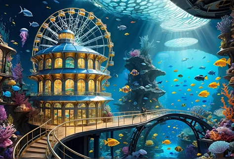 ((32k UHD, high detail, 16k HDR cinematic art)) very detailed gouache painting, (((deep sea futuristic_theme_A park integrated w...