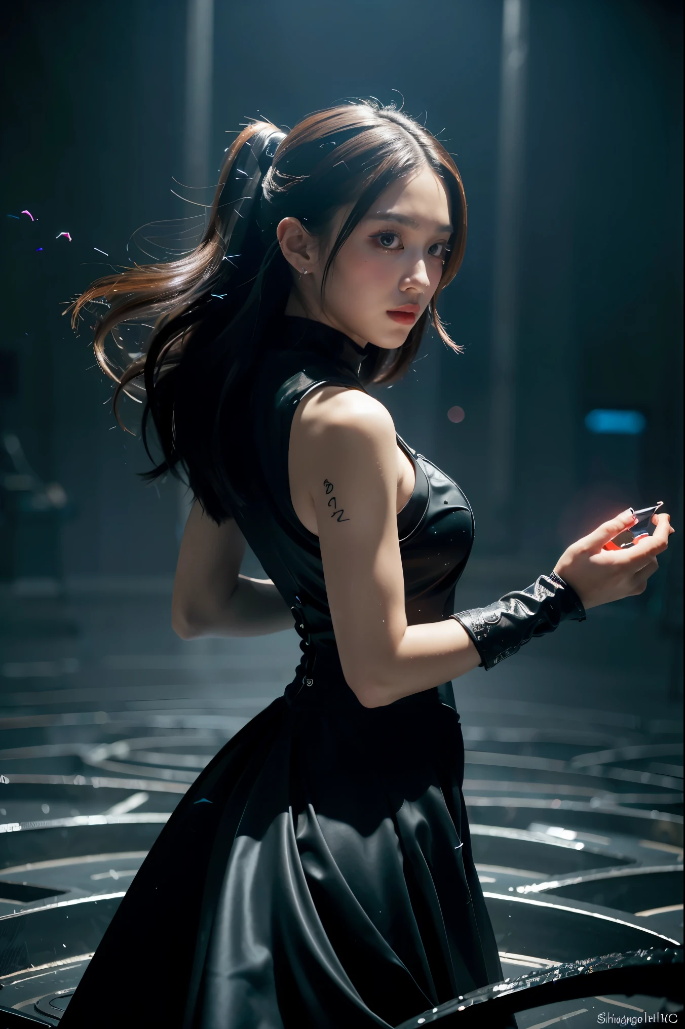 ((masterpiece, best quality)), ultra detailed 8k, photorealistic, sharp focus, highly detailed, professional lighting , shadowmancer, photo of a woman, ink particle, ((swirling black ink floating around)), futuristic fantasy, futuristic black dress, dynamic pose, realistic, masterpiece, intricate details, detailed background, depth of field,