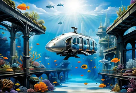 A truly visionary conceptual work of art featuring a futuristic sea cityscape where a large and bright silver train has been cle...