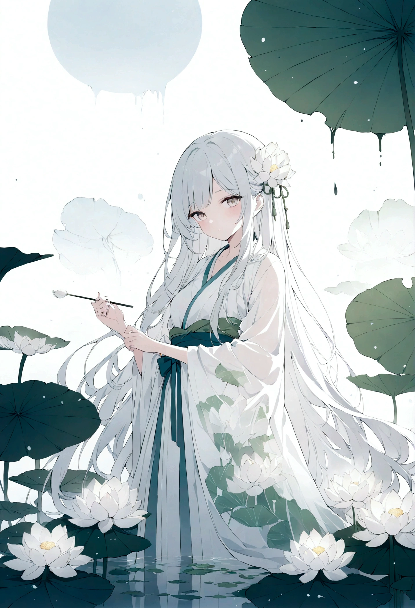 中国の漢服を着た長い髪の美しく詳細な女の子の二重露光フラットベクター(顔はきれい, beautiful and 完璧)画像 ( 完璧解剖结构 ) ，背景には巨大な白い蓮の花と巨大な蓮の葉が描かれている(半透明の白い蓮の葉) 完璧, 美しく, 精巧なインクイラストスタイル, 夢のような幻想的なアートワーク、コンセプチュアルなアートワークの傑作, 最高品質, 非常に詳細な, 高品質のゴンビ水墨画スタイルのフラットベクター