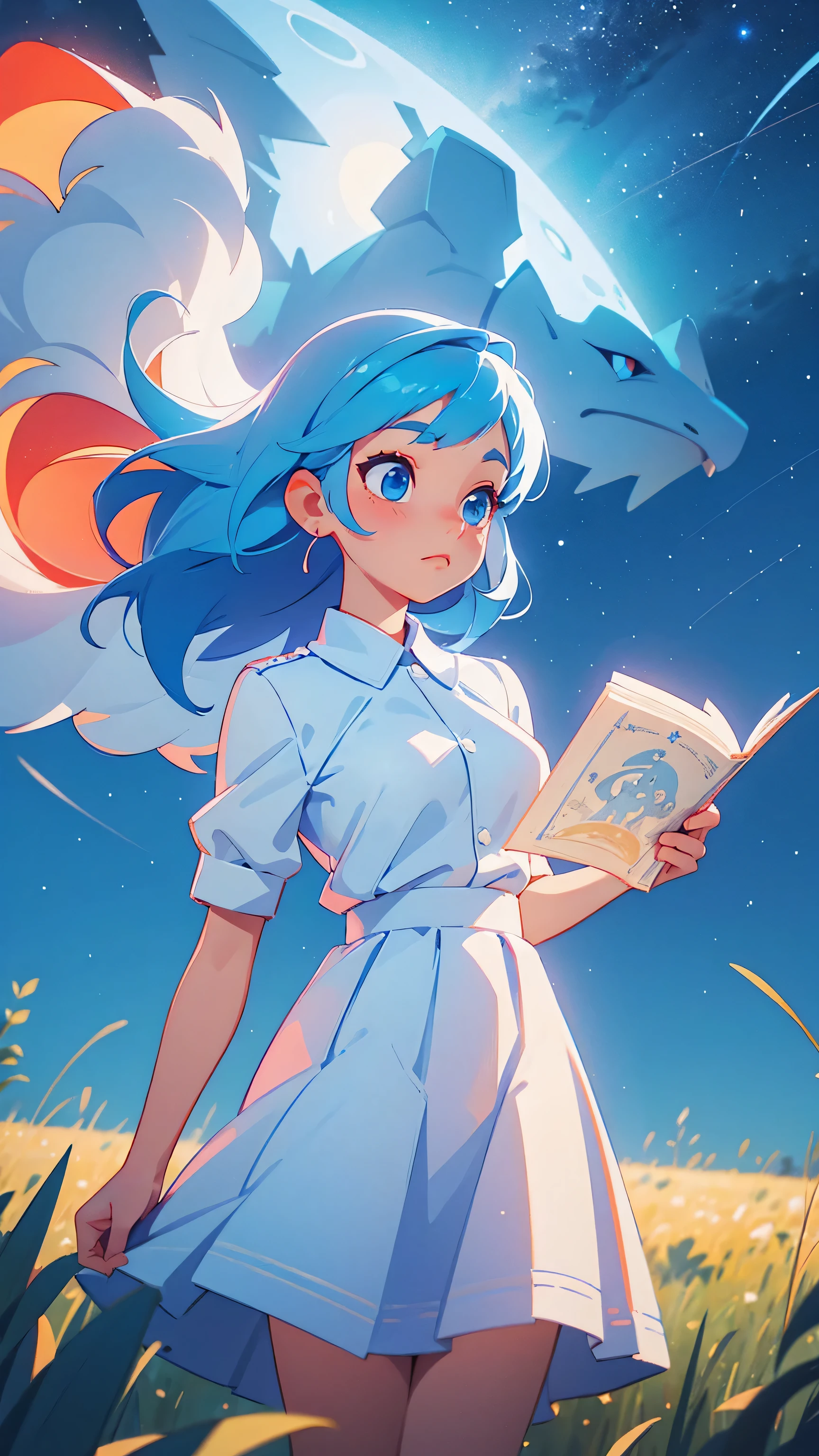 a beautiful girl, blue hair, wearing a light white outfit and a red skirt, positioned in an open field, night, detailed starry sky, wonderful art, vibrant colors, 3D cartoon, masterpiece