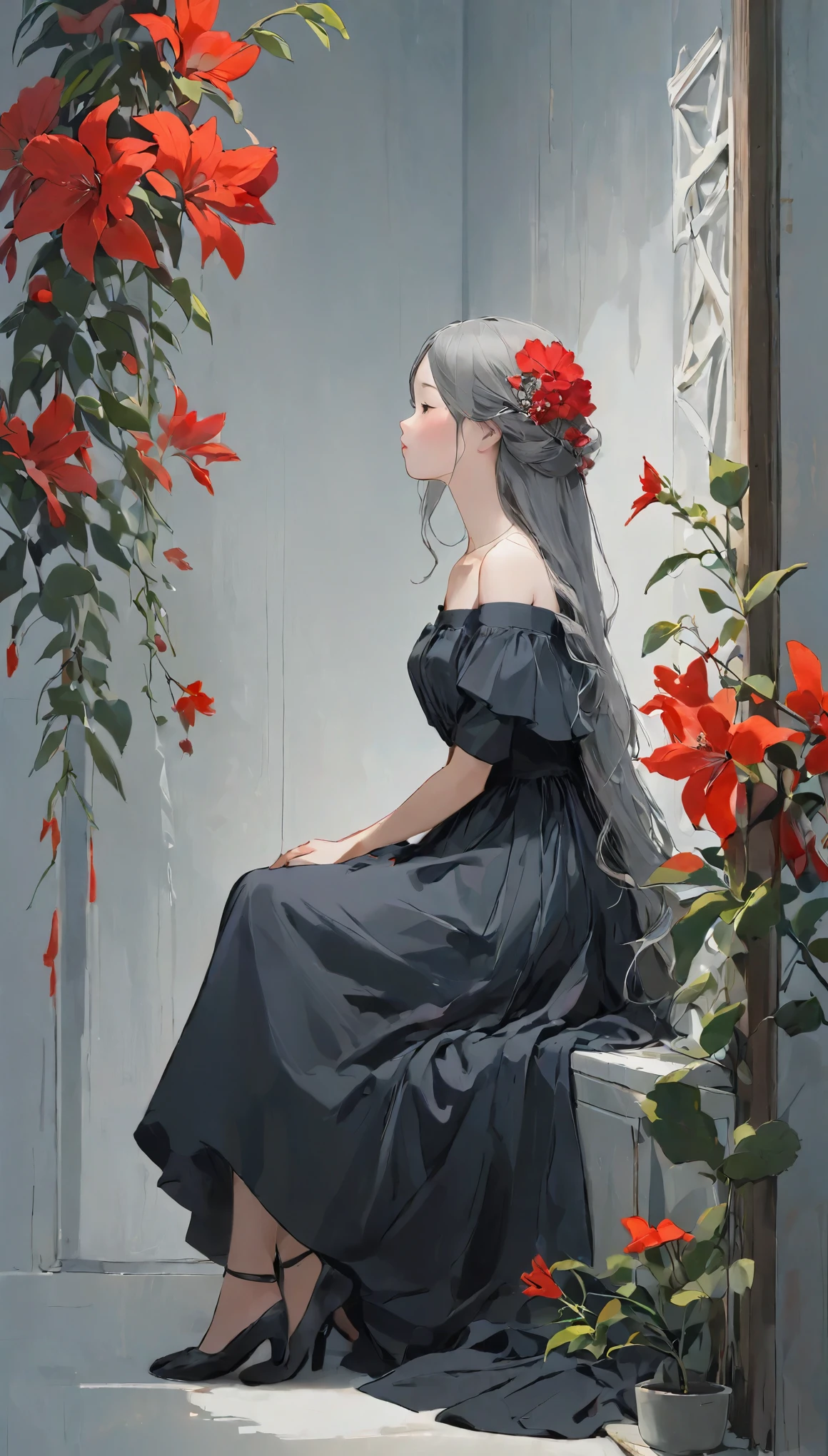 highest quality、Masterpiece、greyとredの調和アート、grey、Perfect Anatomy、Girl Closing Her Eyes、cute、14 years old、profile、Black off-the-shoulder dress、Sitting Girl、Wabi-sabi art、grey、red、White、Perfect artistic harmony、Fantasy、Vermilion Flower、greyの葉、Modest Flower、Simple configuration、Background is a white wall、Red flower、greyの葉、space、