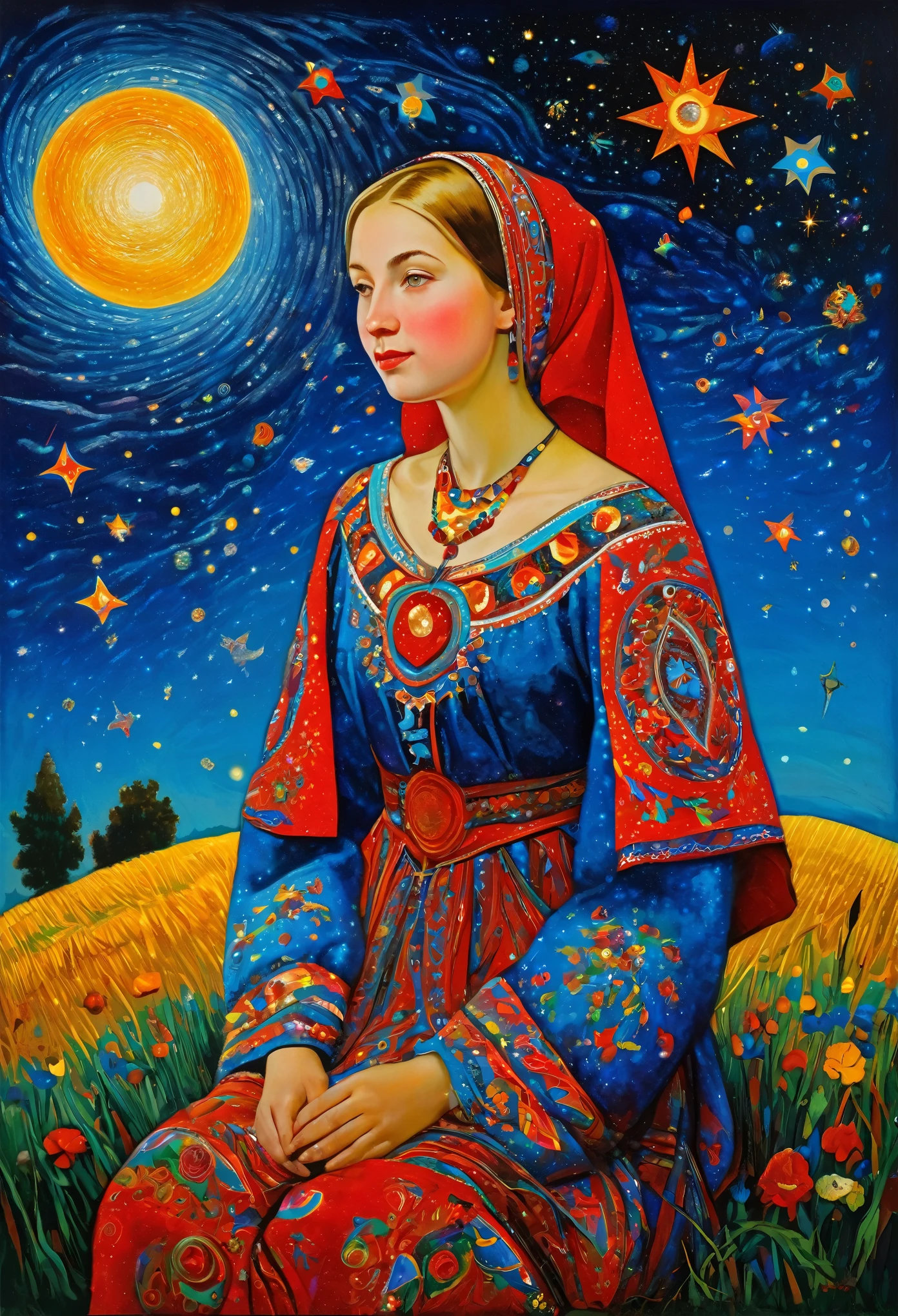  young Alenka, träumen sie unter dem sommersternenhimmel, Russische Utensilien, Von der Schulter, sehr farbvoll,
 Beste Improvisation,  ((Mordechai-Ardon-Stil!)), ((perfekte Ganzkörperdetails)), magische naive Kunst, Primitivismus, protogen, Purpur
, ((beste Qualität, Meisterwerk)), ((höchste Detailliertheit)), roh:1,1, 8k