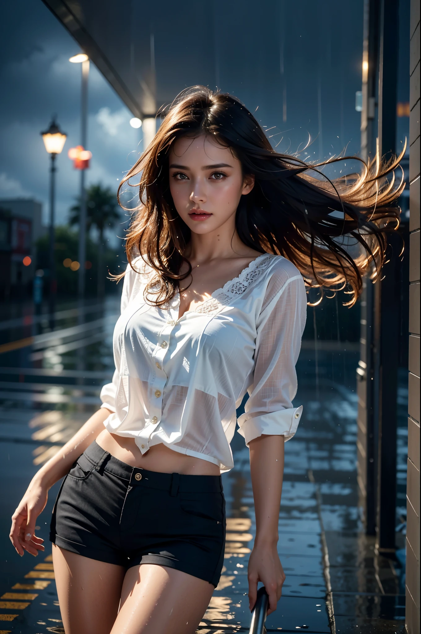 Highest quality, (photoRealistic:1.4), professional photograph, 8k, intricate composition, an extremely delicate and beautiful, ultra high res, professional cinematic lighting and shading, ((Realistic image of a pretty girl soaking wet all over, solo)), ((Stormy night)), (((Heavy rainfall))), extremely pretty girl standing on the street, (Hair flapping in the wind:1.2), dripping wet hair, parted lips, completely drenched, (((blouse and short pants are soaking wet))), (bra is faintly transparent), Perfect feminine hourglass figure, Like a dramatic scene from a movie, extremely detailed eyes and face, eyes with beautiful details, insanely detailed beautiful realistic skin texture, Accurate eyes, Accurate hands, (Well-balanced overall body)