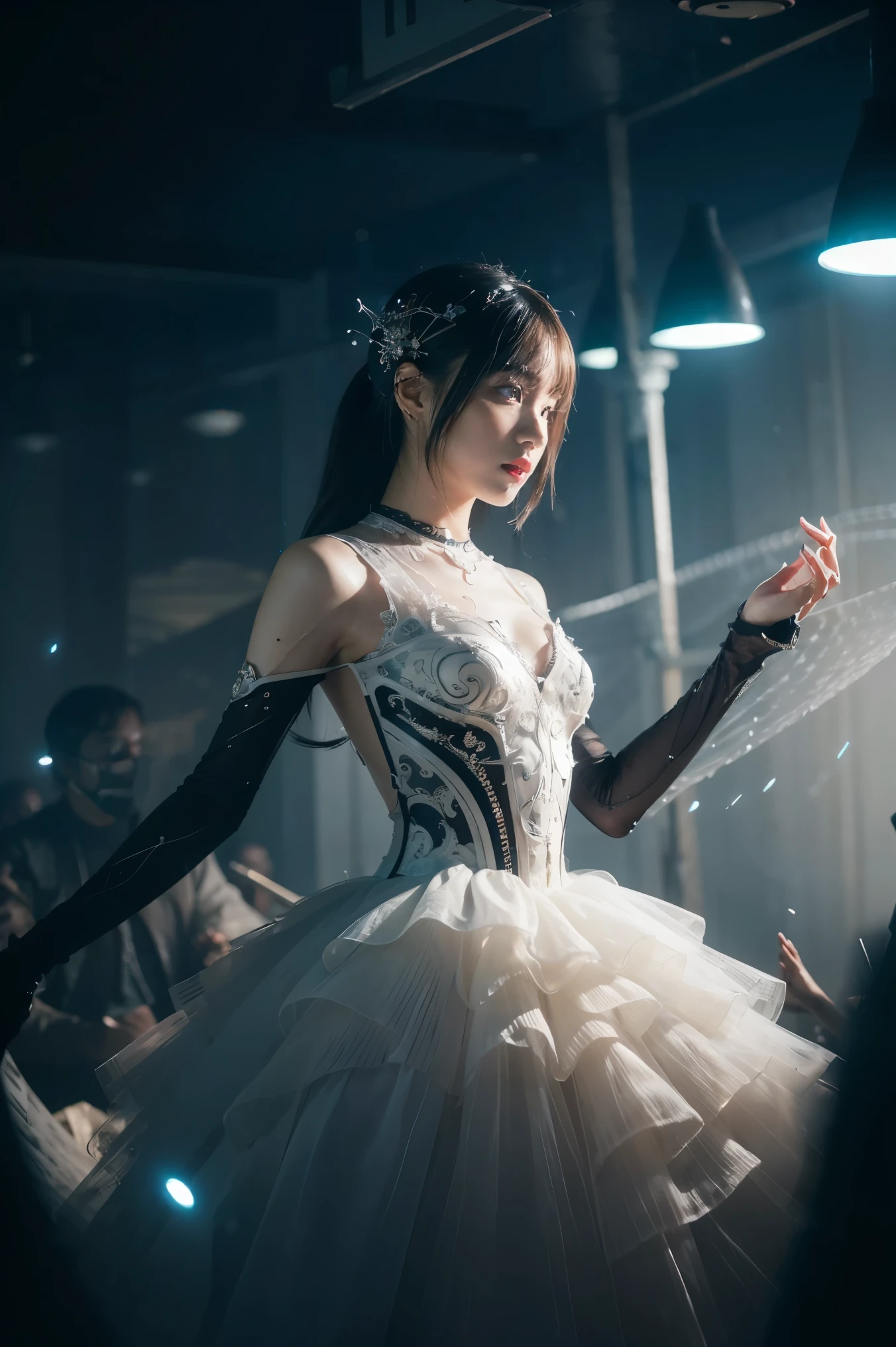 ((masterpiece, best quality)), ultra detailed 8k, photorealistic, sharp focus, highly detailed, professional lighting , shadowmancer, photo of a woman, ink particle, ((swirling black ink floating around)), futuristic fantasy, futuristic white dress, dynamic pose, realistic, masterpiece, intricate details, detailed background, depth of field,