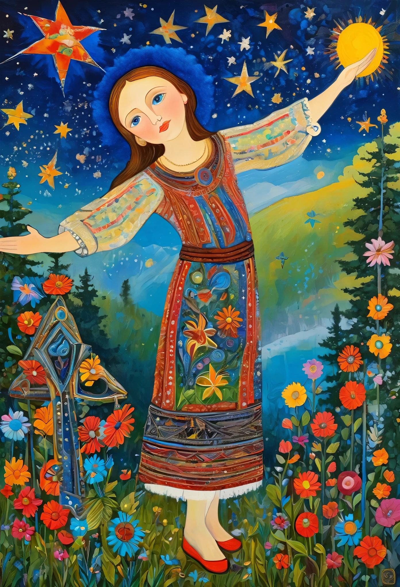  young Alenka, dream under the summer starry sky, Russian paraphernalia, from the shoulder, Very colorful,
 Best Improvisation,  ((Mordecai-Ardon style!)), ((perfect full body detail)), magic naive art, primitivism, protogen, crimson
, ((best quality, Masterpiece)), ((Highest detail)), RAW:1,1, 8k