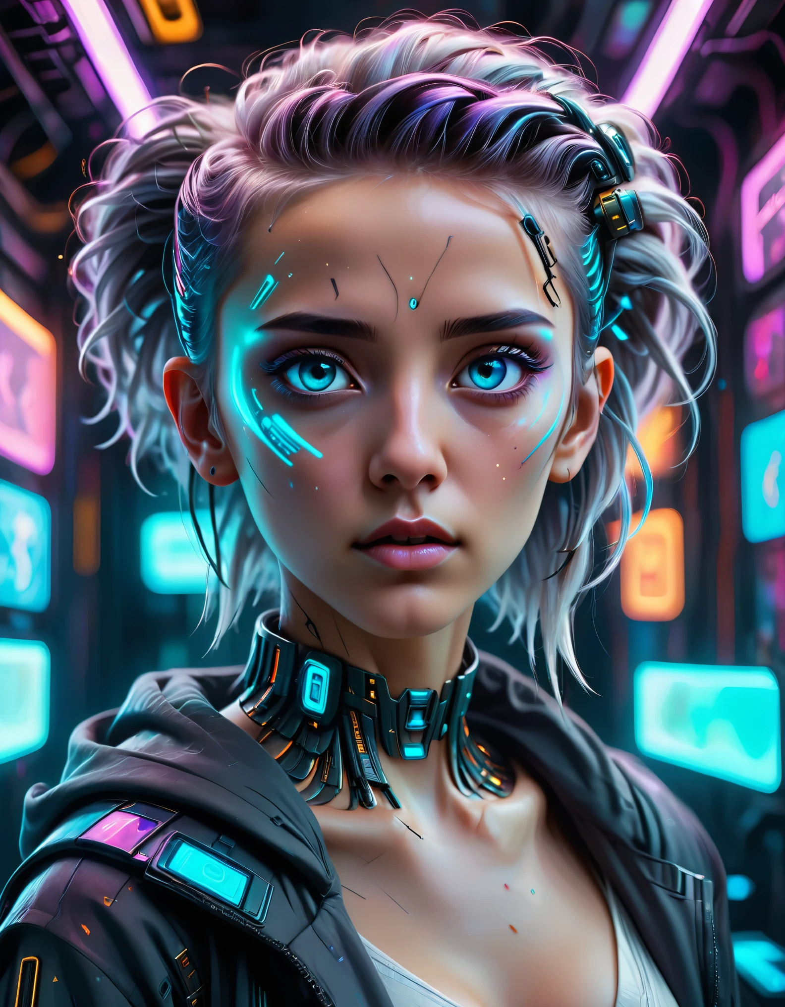 ella retratos etéreos, Realidad aumentada, Luces de neón, ciberpunk, texturas metalicas, ojos brillantes, peinado futurista, fondo de galaxia.,ojos detallados, muy complejo, Híper realista,