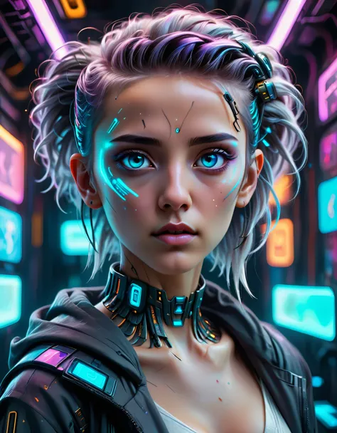 she Ethereal Portraits, augmented reality, neon lights, cyberpunk, metallic textures, glowing eyes, futuristic hairstyle, galaxy...