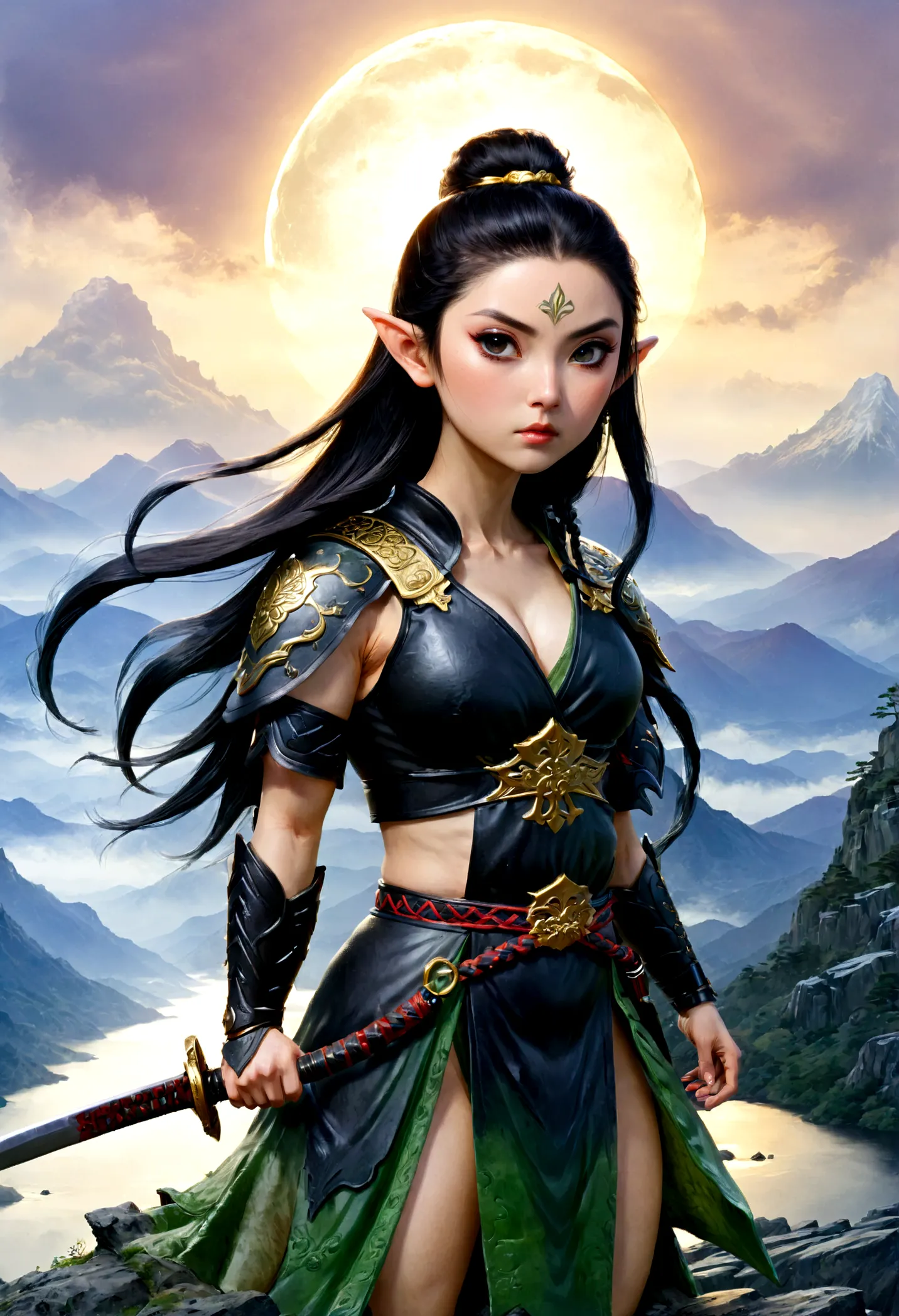 ((water color art: 1.5)), fantasy art, RPG art, dark fantasy art, a female elf samurai, ready to battle, she wears traditional s...