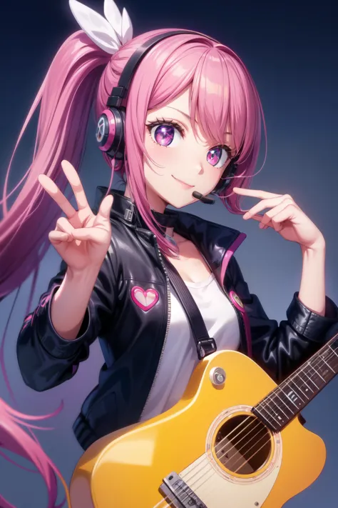 anime girl, pink long ponytails hair, jacket, guitar, smile, headset, hight-tech




