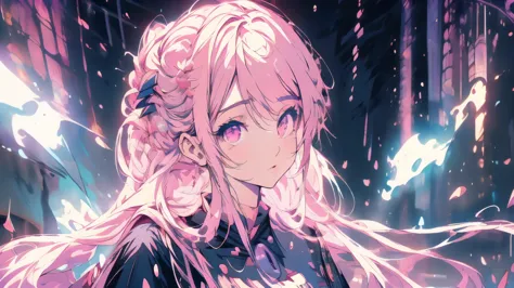 Chica anime con cabello rosado y ojos azules parada frente a un espejo., estilo anime 4k, arte de anime digital detallado, hermo...