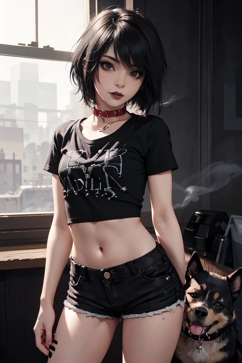 1Girl, woman, emo_hairstyle, black lipstick, dog collar, eyeliner, eye shadow, smoky eyes, realistic lighting, short hair, standing up, short shorts, shirt, midriff, short sleeves.