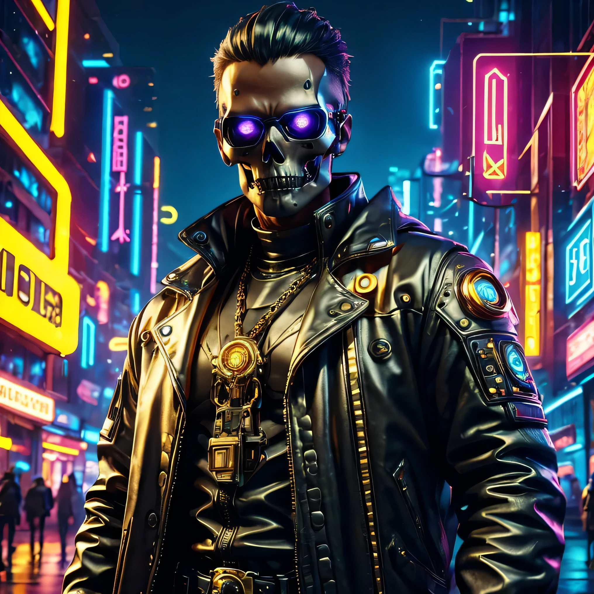 آلة, cyberpunk, معطف جلد أسود, سلسلة ذهب, جمجمة الرأس, عيون عالية الشعاع, صورة عالية الدقة, جسم كامل, خيالي, ألوان نابضة بالحياة, إضاءة ناعمة, 3D, عالية الدقةR, مفصل جدا, عالية الدقة, 8K اصليه, تحفة, خلفية, cyberpunk City, rtx