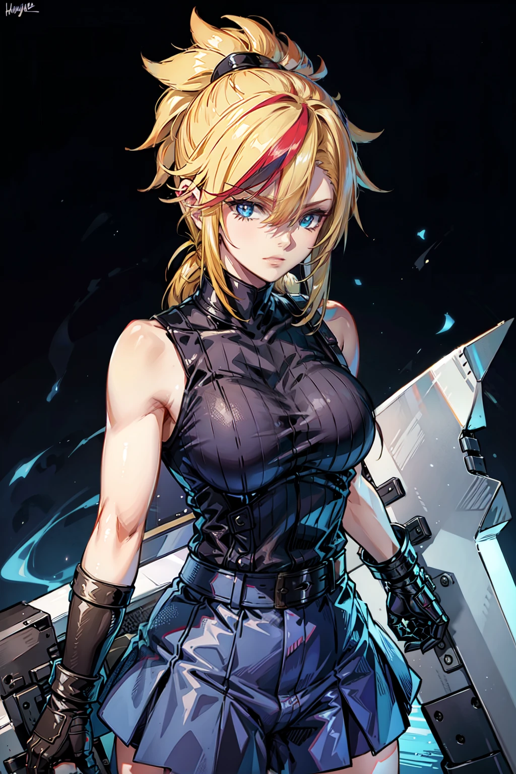 (masterpiece, best quality:1.2), Blue  glowing eyes, perfect face, highres, 1 girl, solo, ultra long ponytail, (female:1.5), strife, blonde hair, shoulder armor, sleeveless turtleneck, suspenders, belt, gloves, bracer, evil smile, standing, portrait, looking at viewer, giant sword on the back