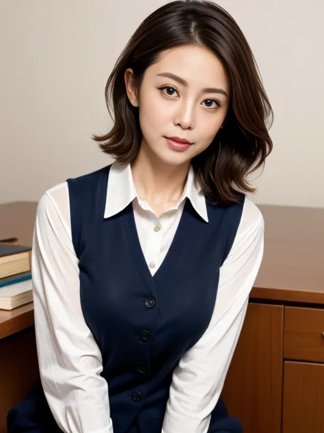 ((masterpiece)), ((highest quality)), ((fully detailed)), bust up shot、office worker uniform, navy blue vest,