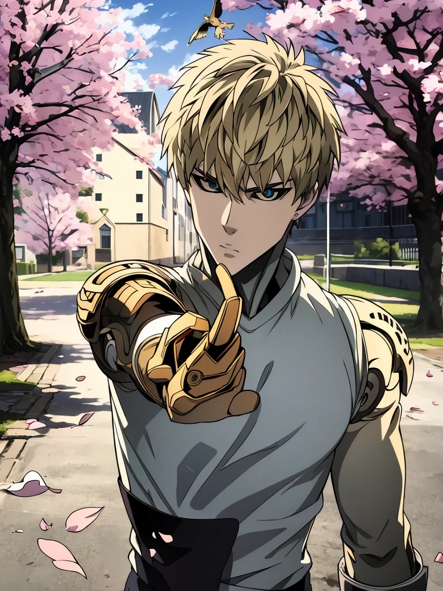 absurdres, highres, ultra detailed, HDR, masterpiece, extremely detailed face and eyes, Genos, ash-blond hair, expressive golden eyes, One Punch Man, 1man, handsome, spring, blossoms, petals, birds, trees