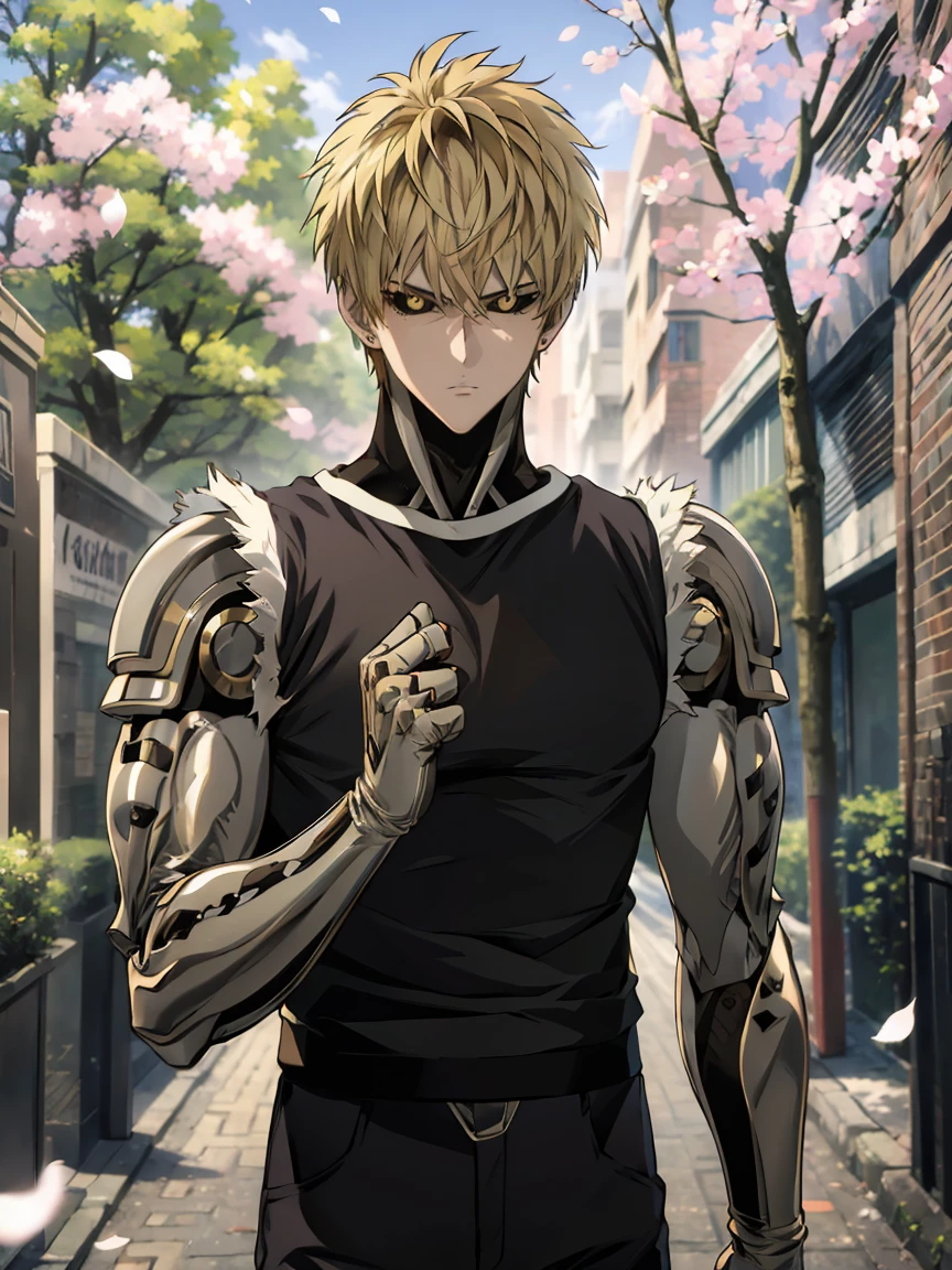 absurdres, highres, ultra detailed, HDR, masterpiece, extremely detailed face and eyes, Genos, ash-blond hair, expressive golden eyes, One Punch Man, 1man, handsome, spring, blossoms, petals, birds, trees