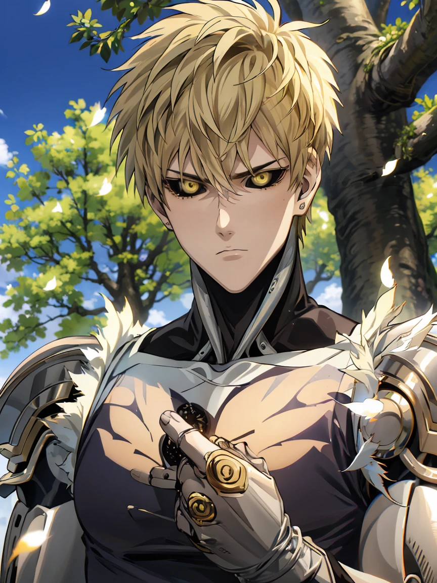 absurdres, highres, ultra detailed, HDR, masterpiece, extremely detailed face and eyes, Genos, ash-blond hair, expressive golden eyes, One Punch Man, 1man, handsome, spring, blossoms, petals, birds, trees