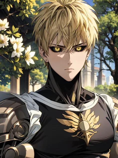 absurdres, highres, ultra detailed, HDR, masterpiece, extremely detailed face and eyes, Genos, ash-blond hair, expressive golden...