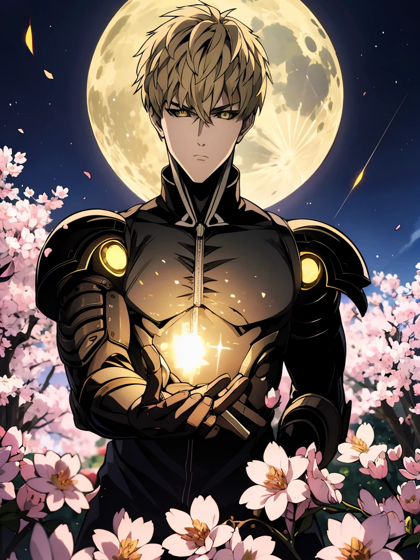 absurdres, highres, ultra detailed, HDR, master piece, best quality, Genos, expressive yellow eyes, ash-blonde hair, one punch man, solo, man, handsome, moon, fireflies, blossoms, spring, pink flowers